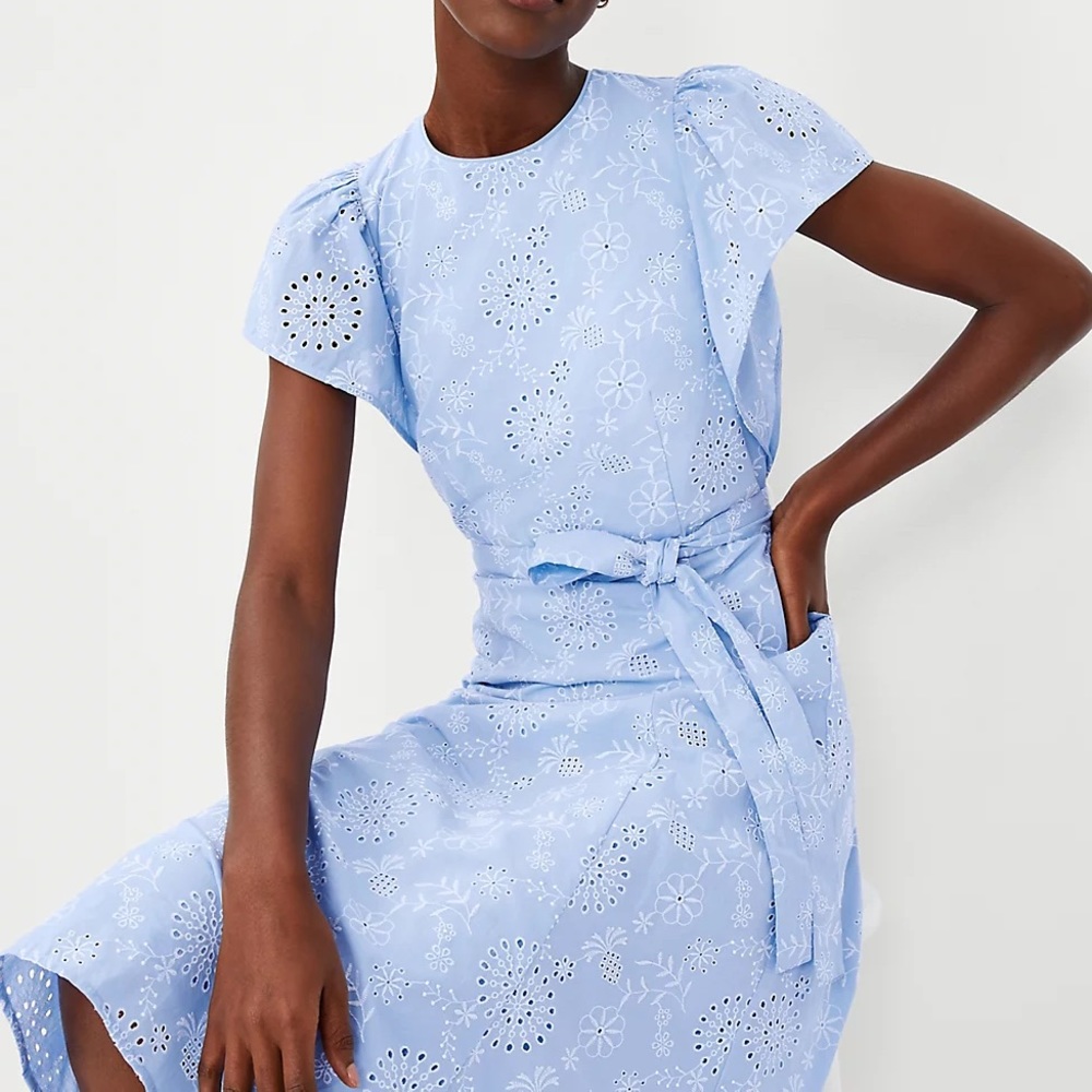 Ann Taylor Petite Eyelet Flutter Sleeve Belted Midi Dress 6P